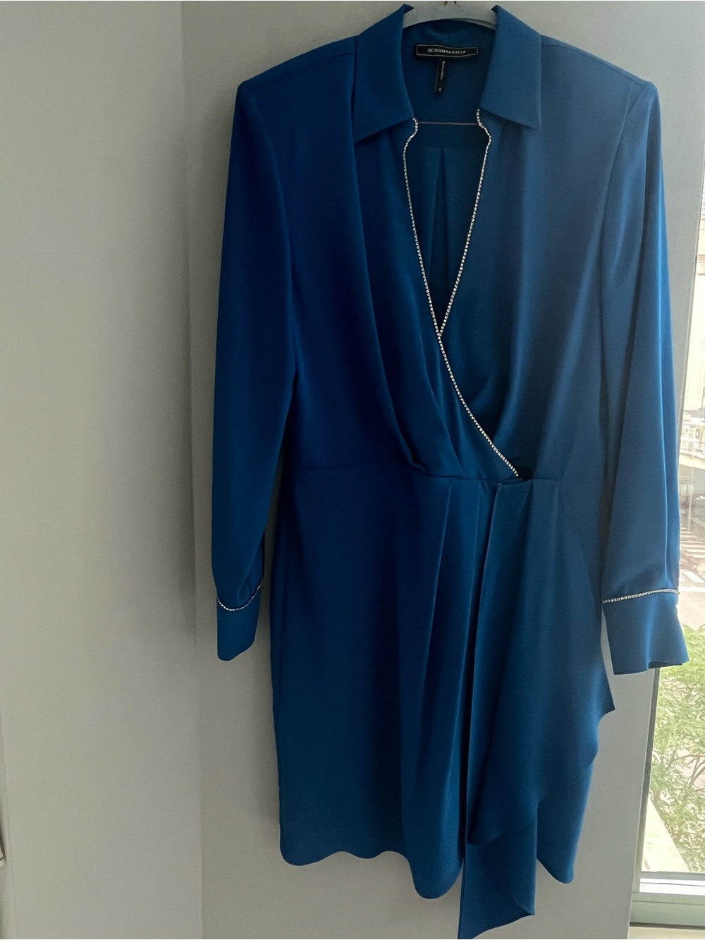 BCBGMaxAzria Ocean Blue Wrap Dress with Rhinestone Trim